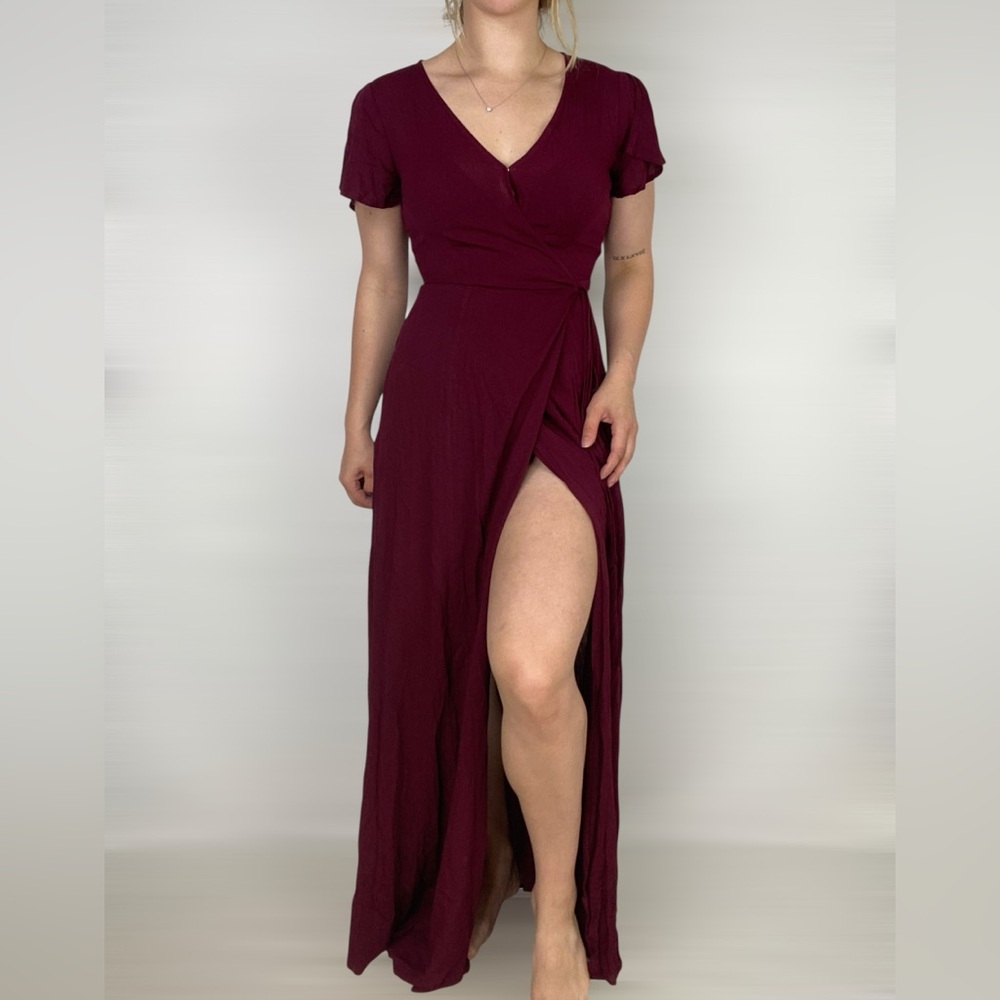 Lulus Burgundy Sexy Wrap Maxi Dress, Split Sleeves, Small